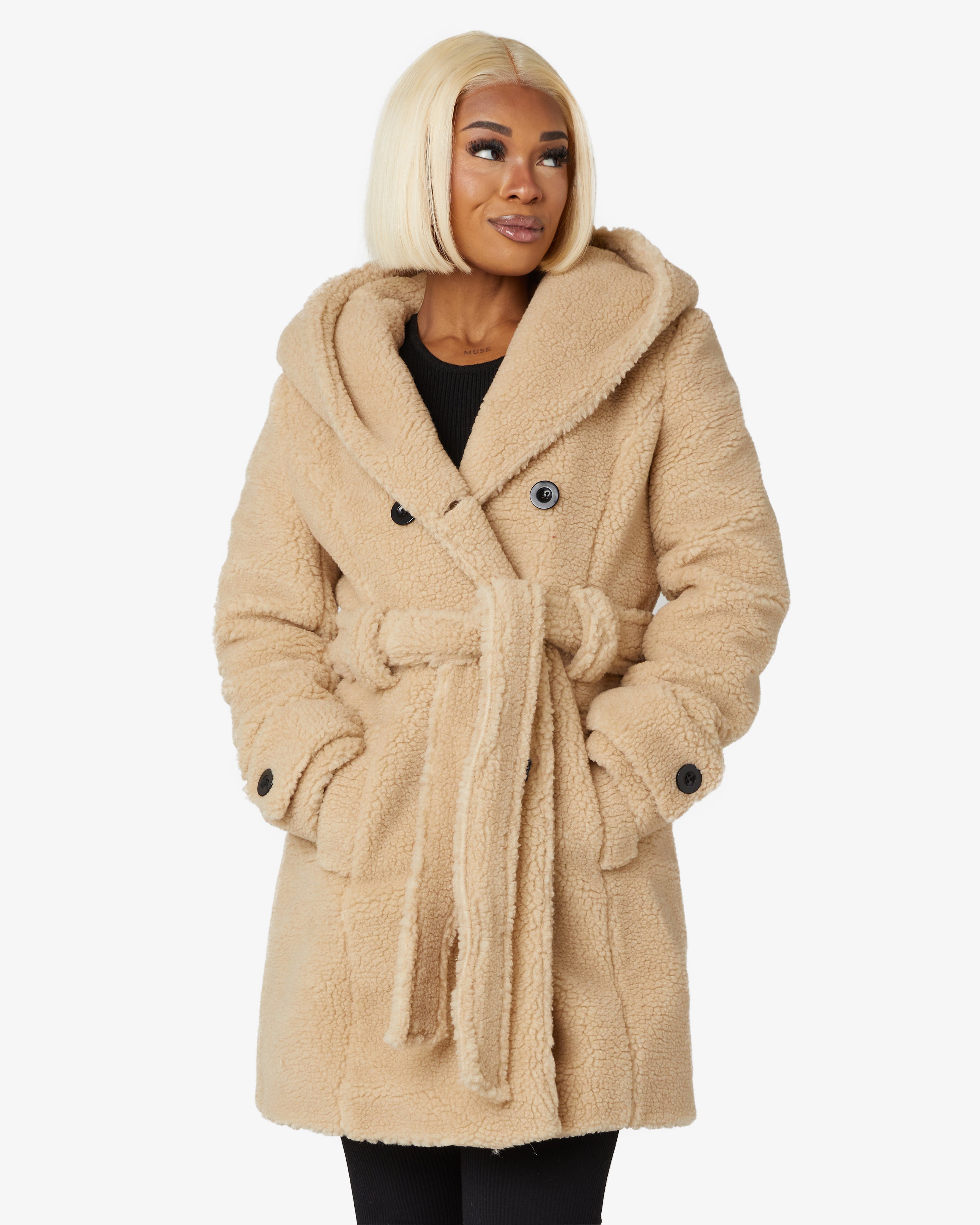 De La Creme Womens Slim Fit Shawl Hooded Teddy Coat