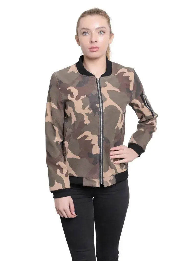 De La Creme Womens Camo Zip Thru Varsity Bomber Jacket De La