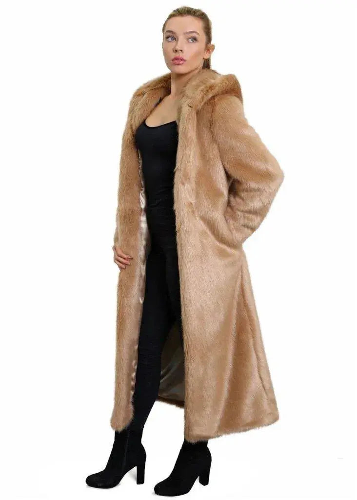 De La Creme Womens Iconic Faux Fur Hooded Long Coat