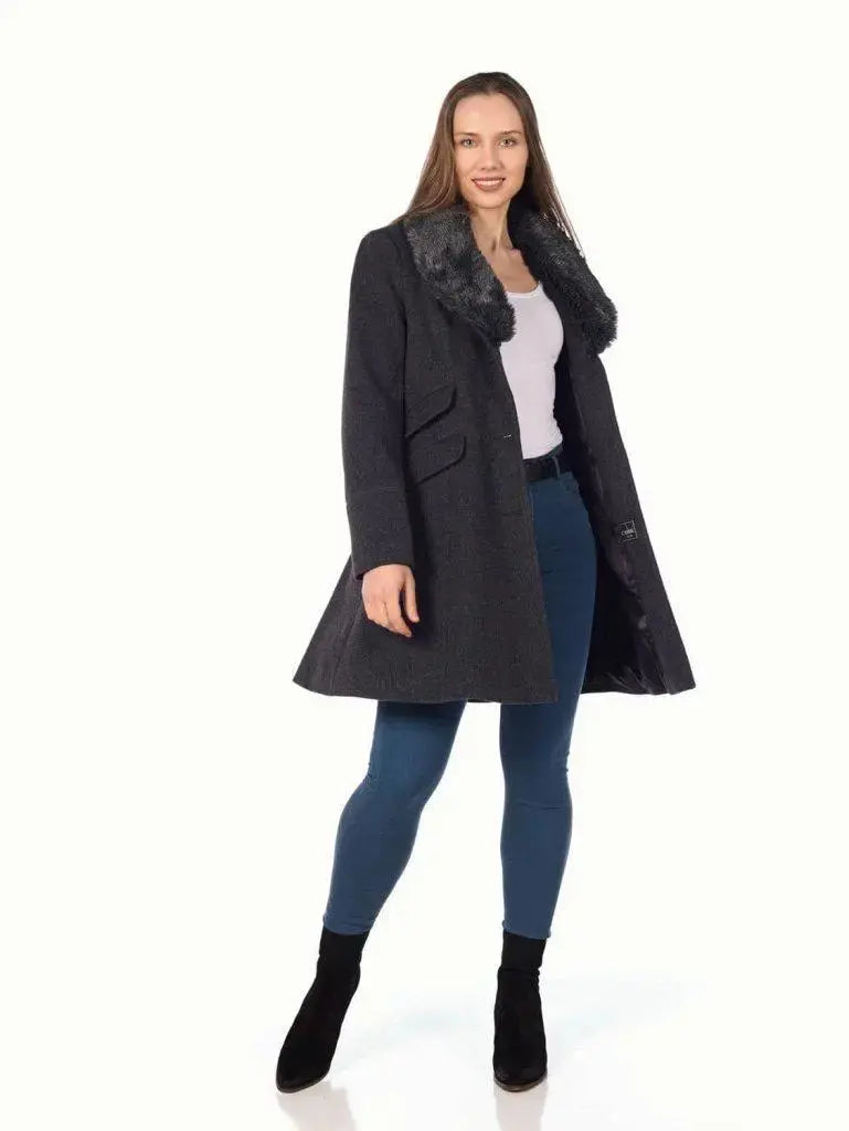 De La Creme Womens Wool Blend Faux Fur Collar Midi Coat