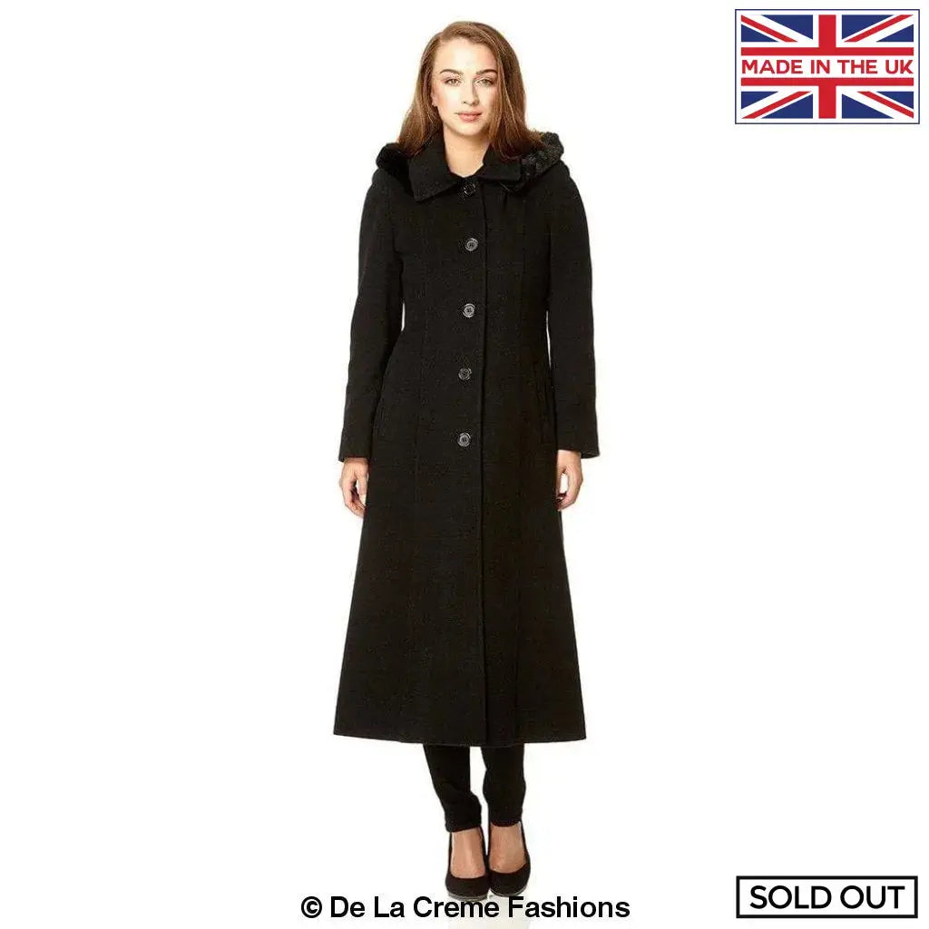 Womens black wool top coat with fur collar