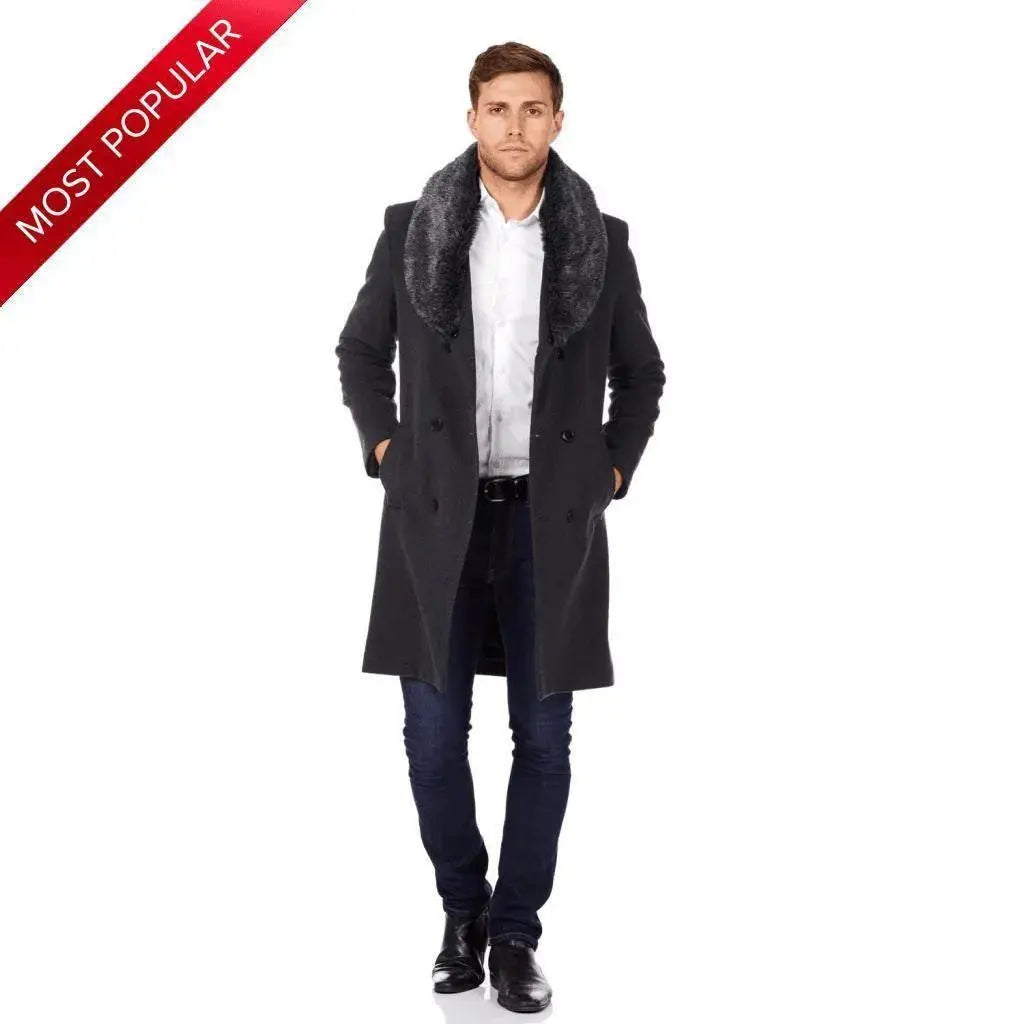 De La Creme MAN Mens Wool Mix Overcoat With Faux Fur Collar