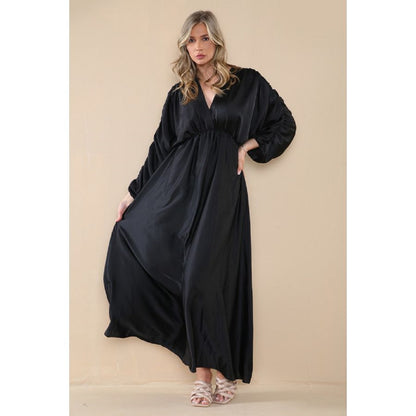 Satin Ruched Arm Maxi Dress