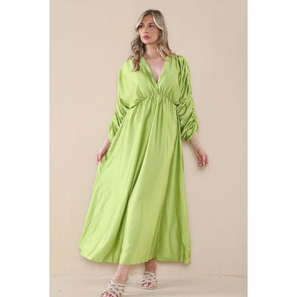 Satin Ruched Arm Maxi Dress