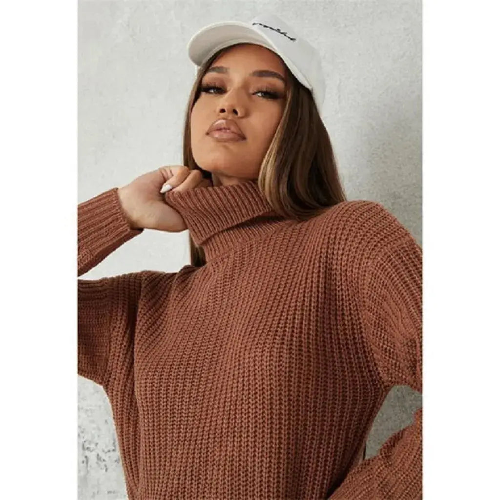 Womens Chocolate Brown Roll Neck Knitted Jumper Dress