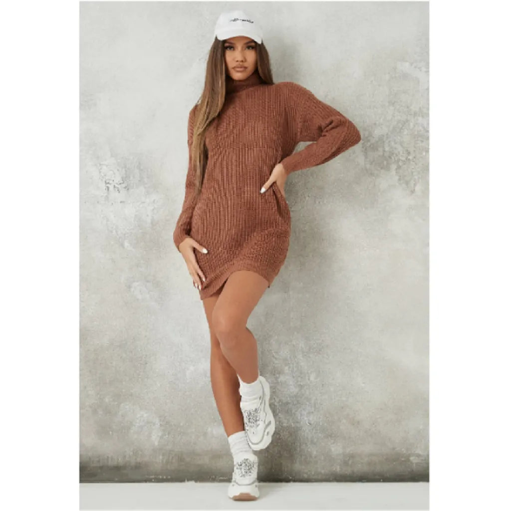 Chocolate Brown Roll Neck Knitted Jumper Dress