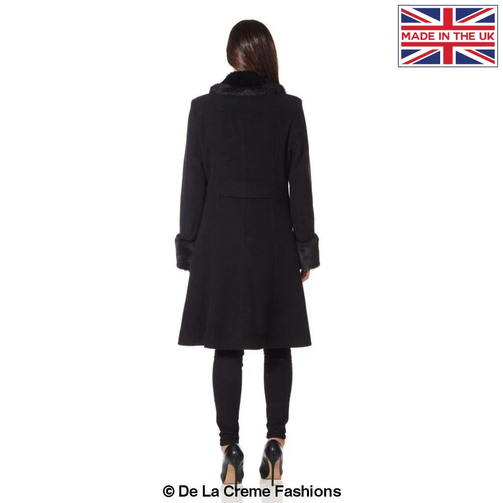 De La Creme - Women's Military Faux Fur Trim Midi Coat