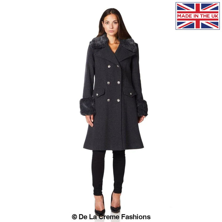 De La Creme - Women's Military Faux Fur Trim Midi Coat