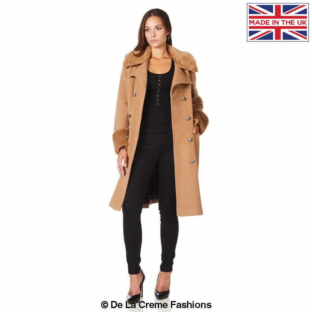 De La Creme - Womens Wool Blend Faux Fur Trim Midi Coat – De La