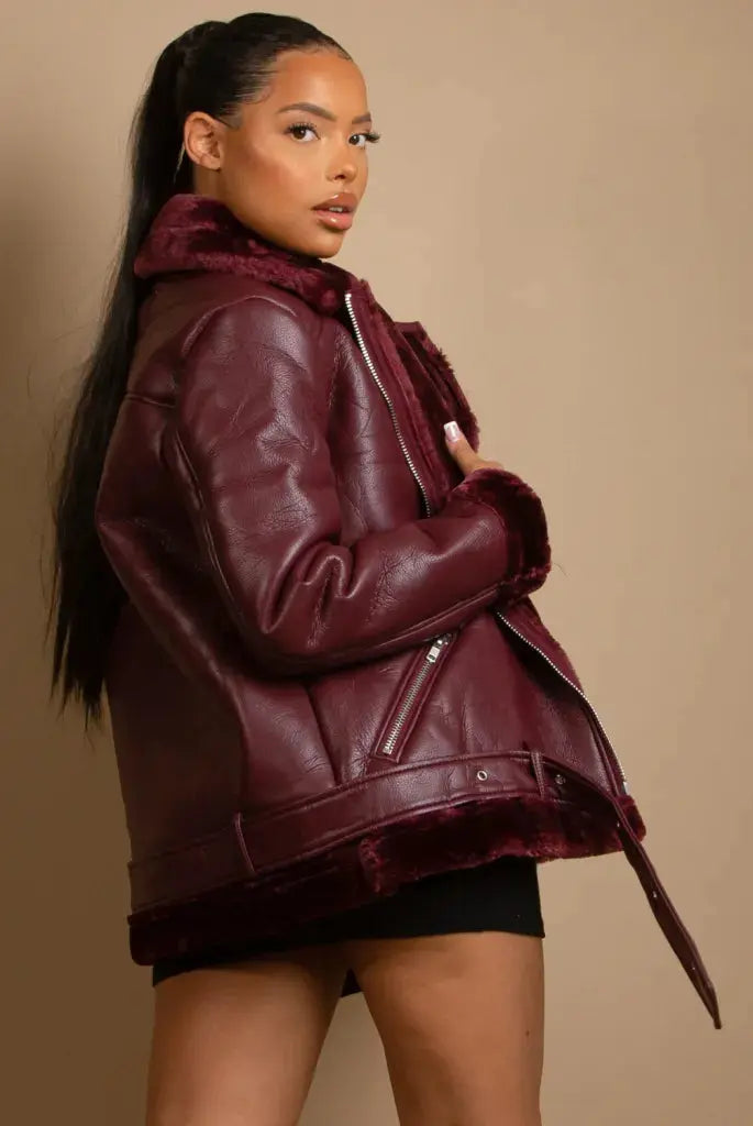 Faux leather 2025 aviator jacket ladies