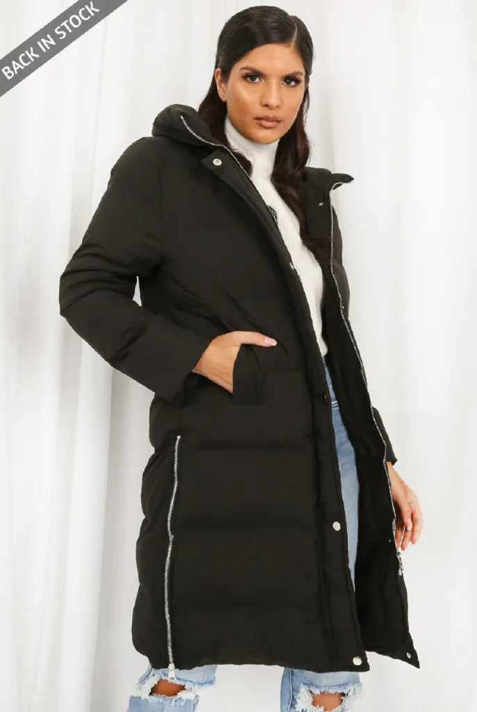 Hooded Longline Puffer Coat Black / Small Outerwear
