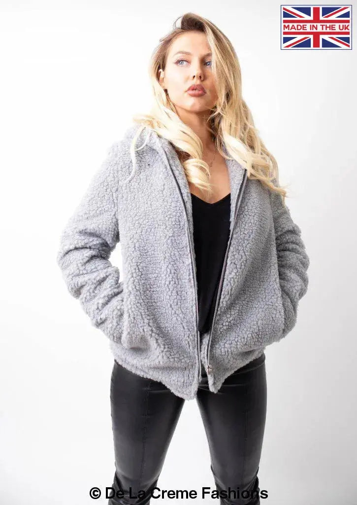 Grey teddy top jacket womens