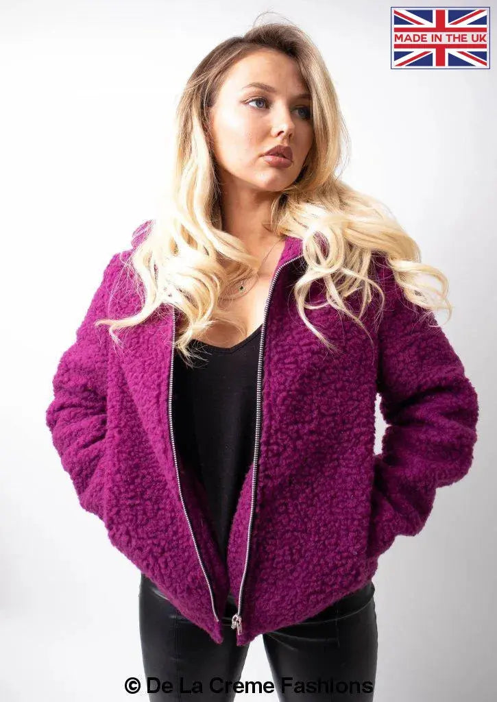 De La Creme Womens Zip Up Hooded Borg Teddy Jacket