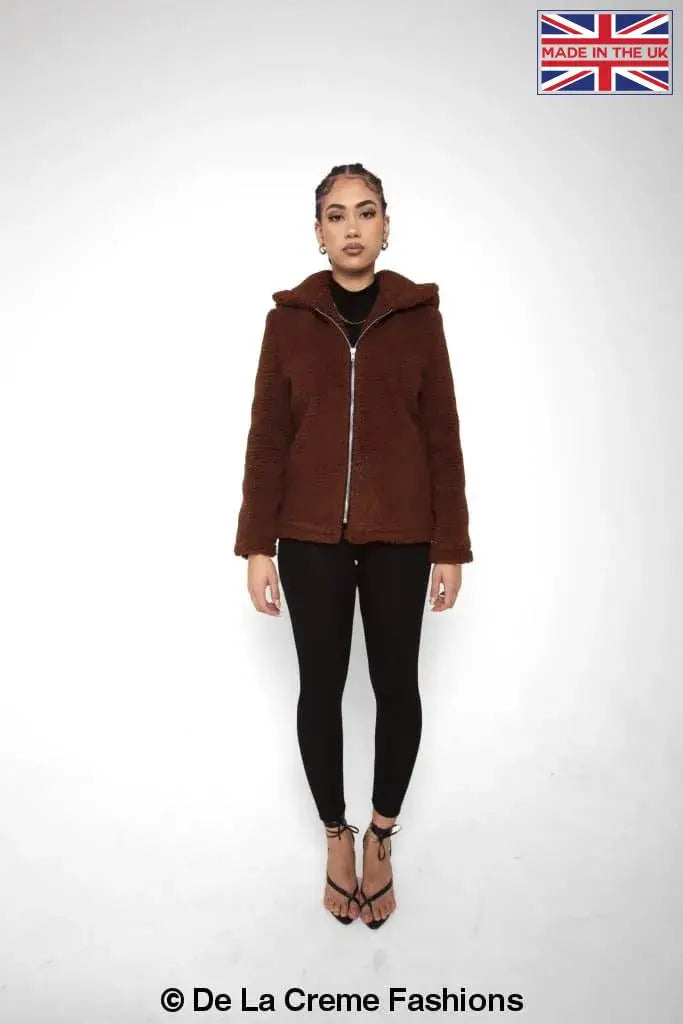 De La Creme Womens Zip Up Hooded Borg Teddy Jacket