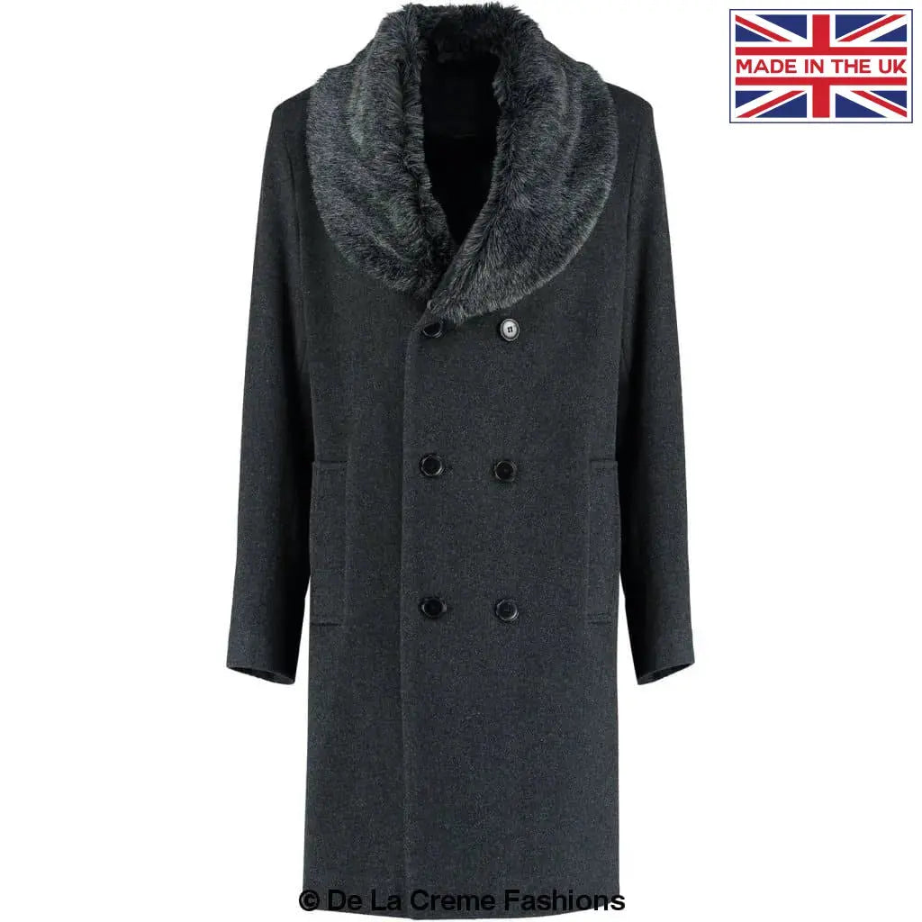 De La Creme MAN Mens Wool Mix Overcoat With Faux Fur Collar