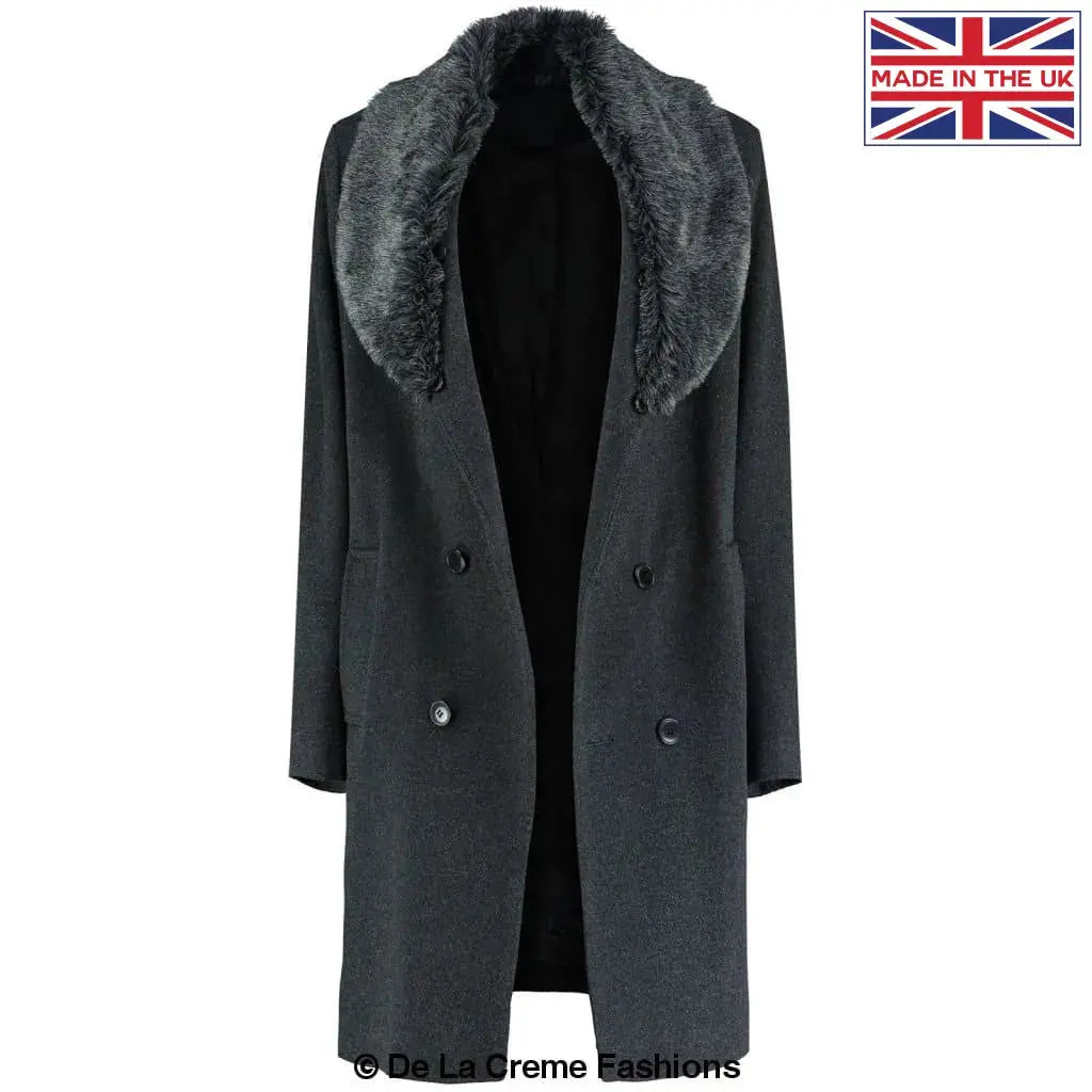 Grey wool coat with 2025 fur collar