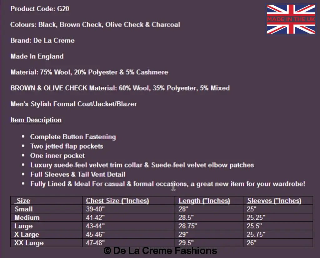 De La Creme MAN - Mens Luxury Wool Blend Jacket Velvet Trim Formal/Casual Blazer