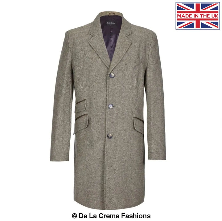 De La Creme MAN - Mens Wool Blend Herringbone Design Crombie Coat