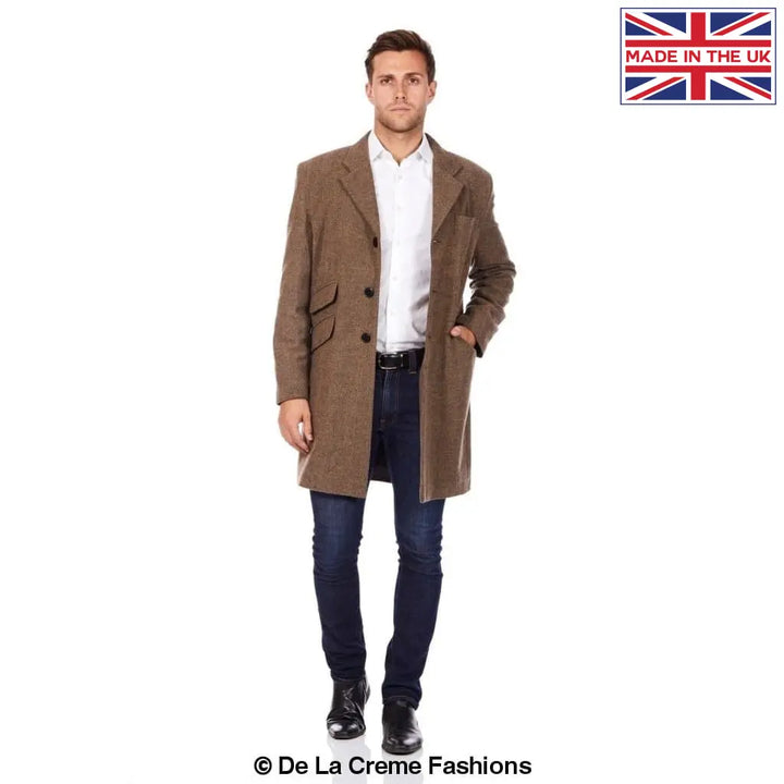 De La Creme MAN - Mens Wool Blend Herringbone Design Crombie Coat