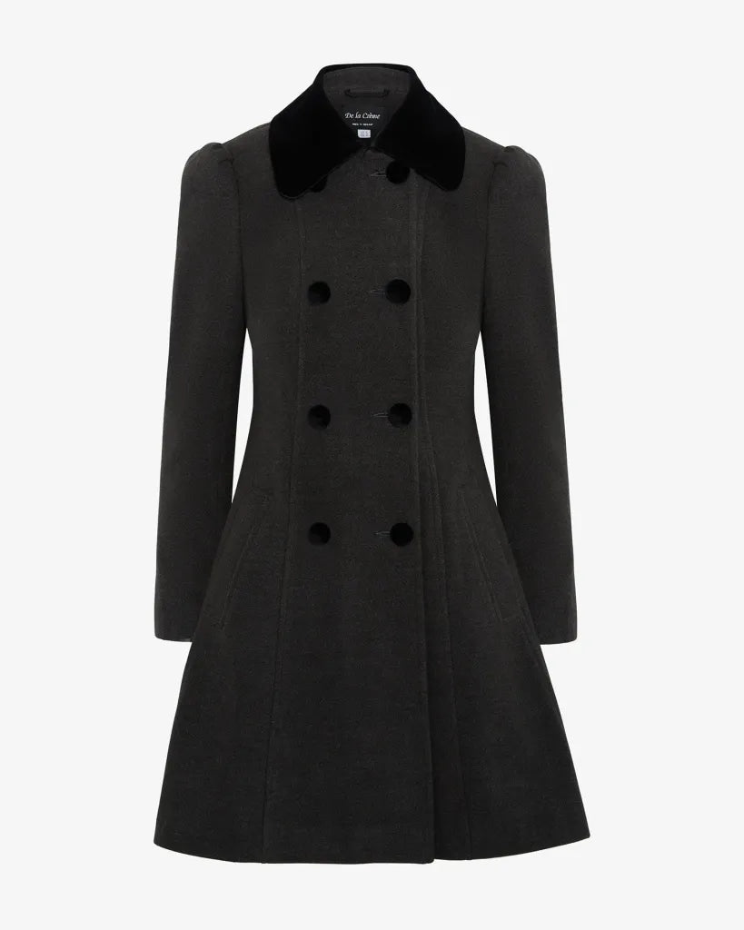 Kate Double Breasted Fit And Flare Velvet Trim Skater Coat