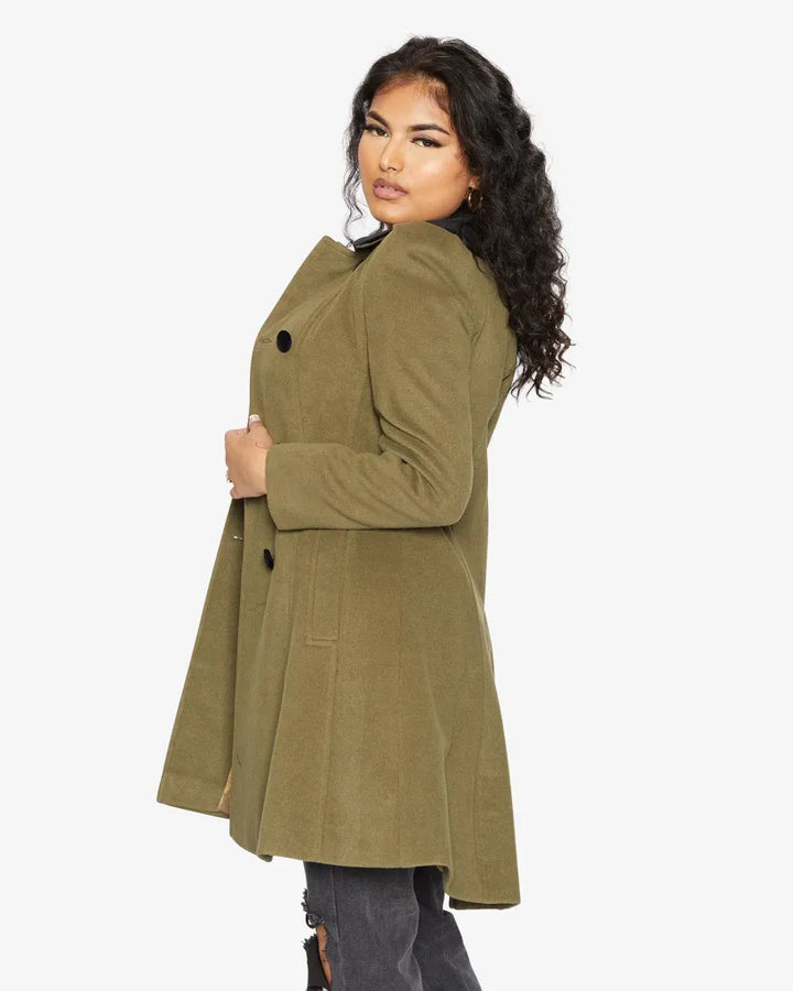 Kate Double Breasted Fit And Flare Velvet Trim Skater Coat