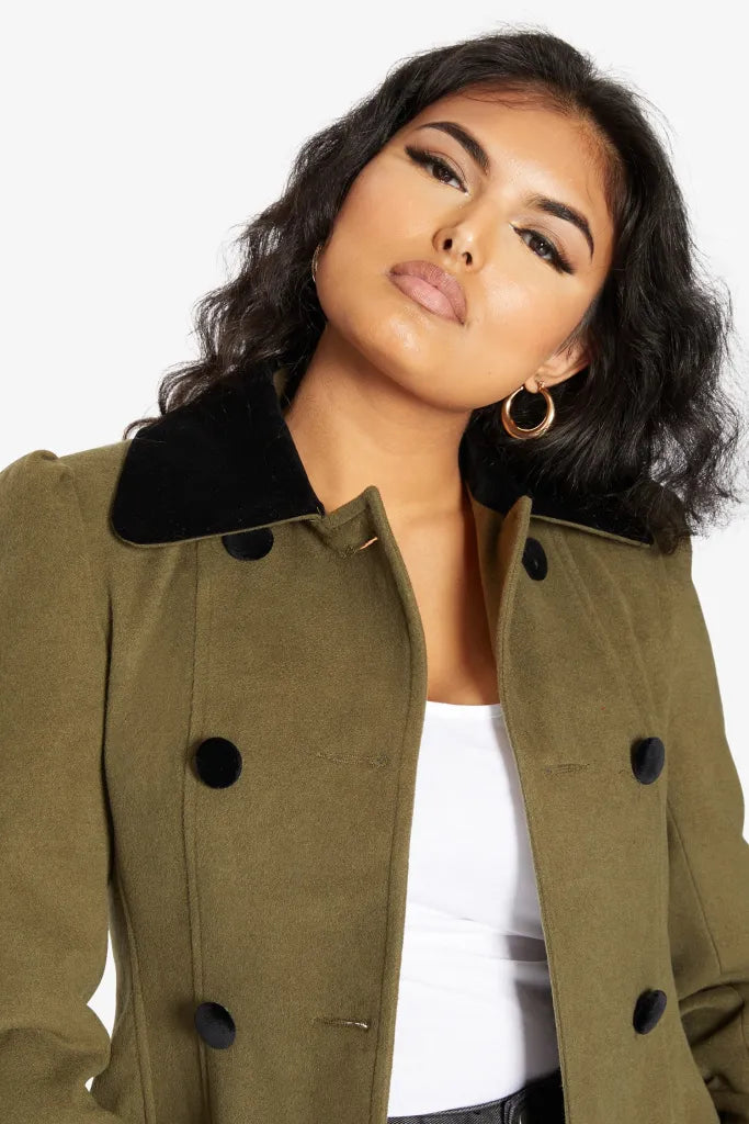 Kate Double Breasted Fit And Flare Velvet Trim Skater Coat