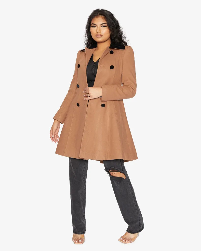 Kate Double Breasted Fit And Flare Velvet Trim Skater Coat