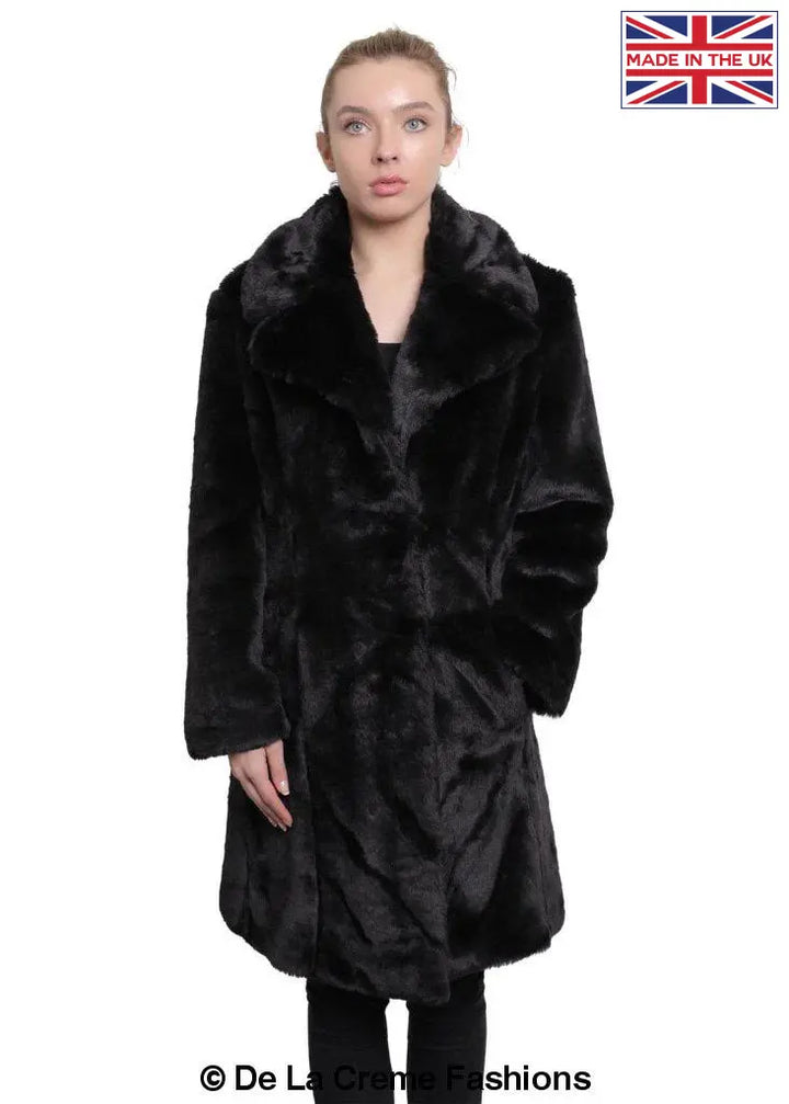 De La Creme - Womens Faux Fur Large Lapel Mid Length Coat