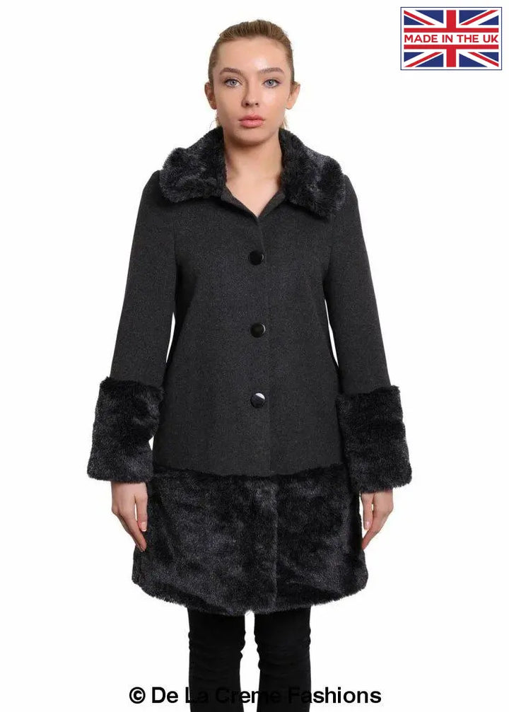 De La Creme - Womens Faux Fur Trim Wool Mix Coat