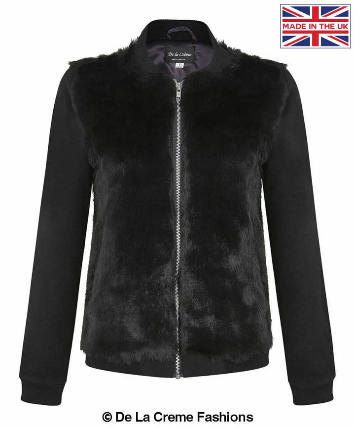 De La Creme - Womens Faux Fur Zip-Thru Varsity Bomber Jacket