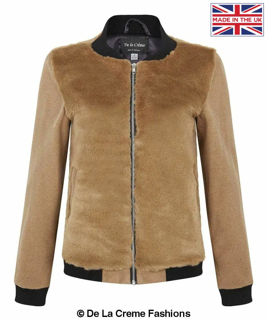 De La Creme - Womens Faux Fur Zip-Thru Varsity Bomber Jacket