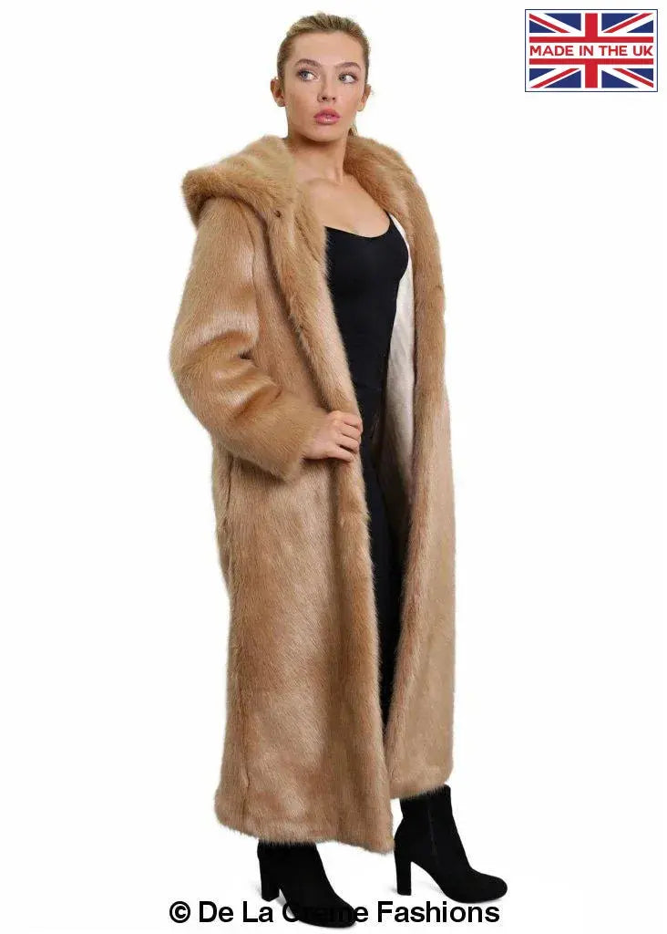 De La Creme Womens Iconic Faux Fur Hooded Long Coat