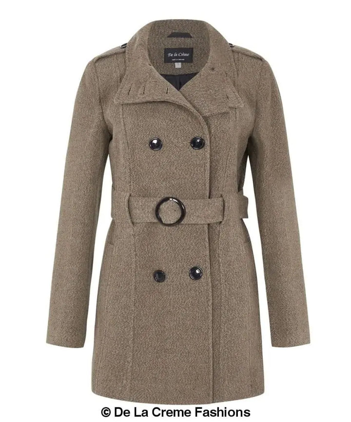 De La Creme - Women's Military Style Herringbone Wool Belted Coat