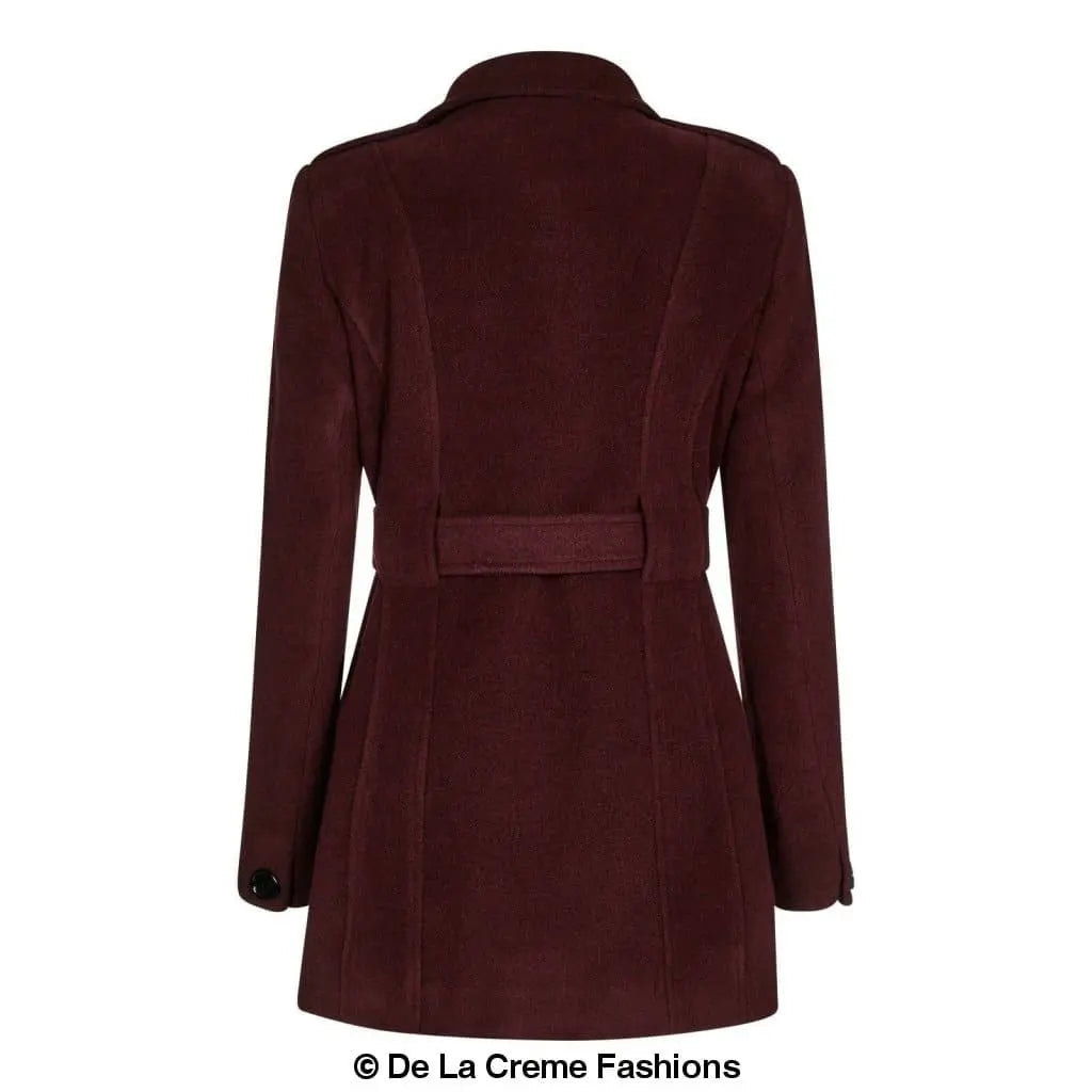 De La Creme - Women's Military Style Herringbone Wool Belted Coat