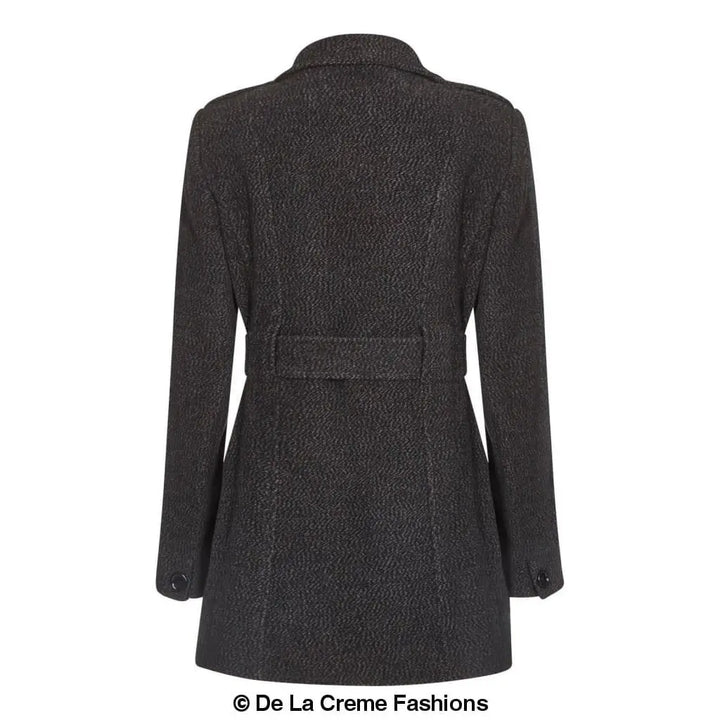 De La Creme - Women's Military Style Herringbone Wool Belted Coat