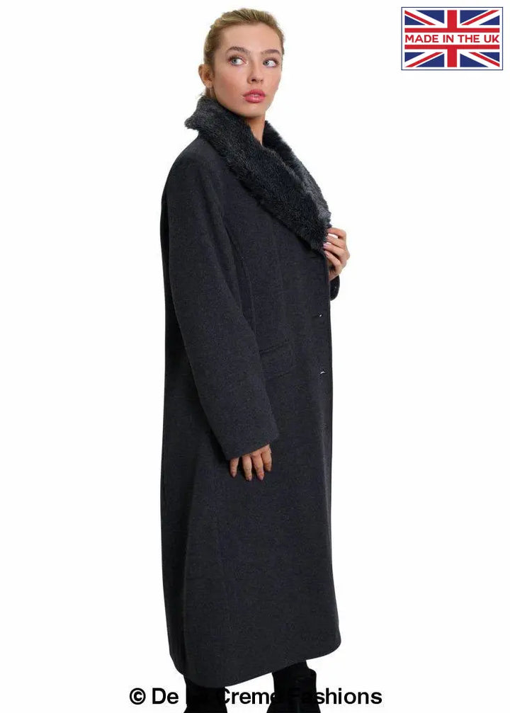 De La Creme - Womens Oversized Faux Fur Collar Long Coat