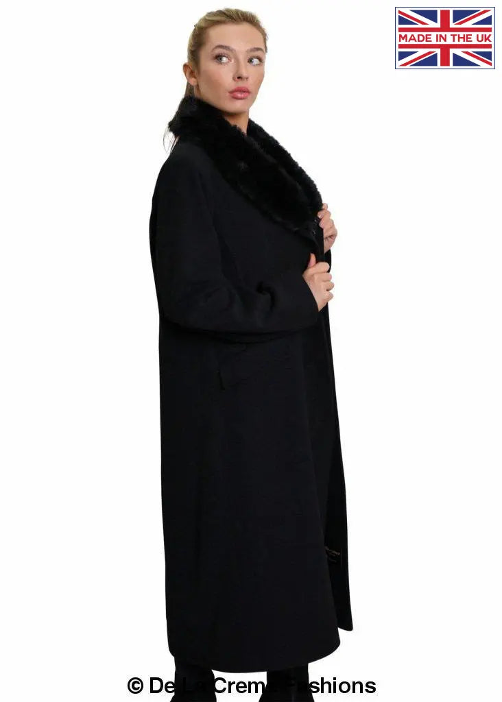 De La Creme - Womens Oversized Faux Fur Collar Long Coat
