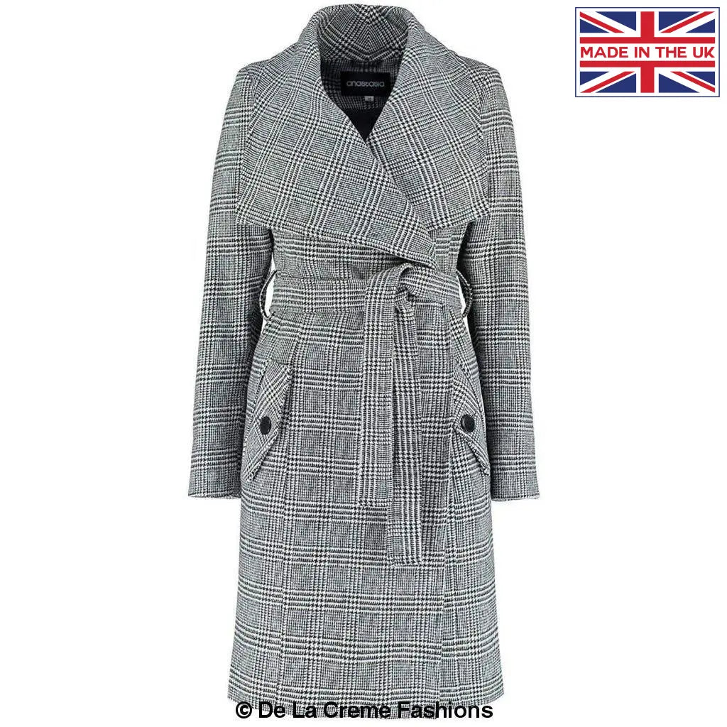 De La Creme - Womens Prince Of Wales Check Large Lapel Duster Coat