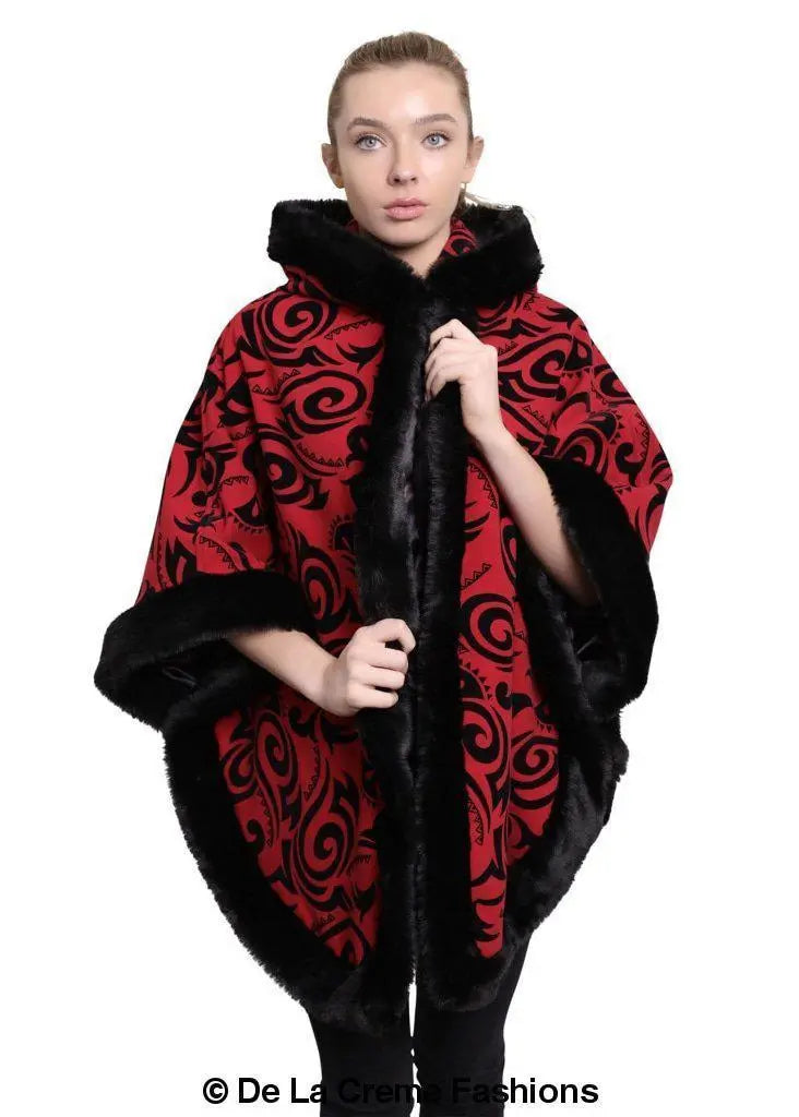 De La Creme - Women's Tribal Print Fur Lined Hooded Cape