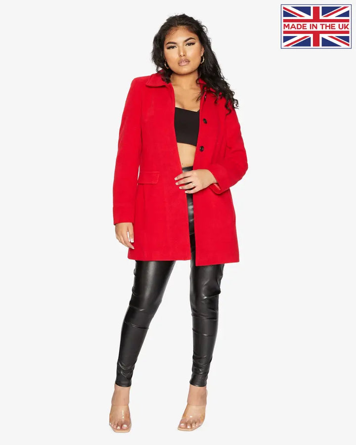 Womens Wool Blend Hip Length Covert Coat Red / Uk 8/eu 36/us 4