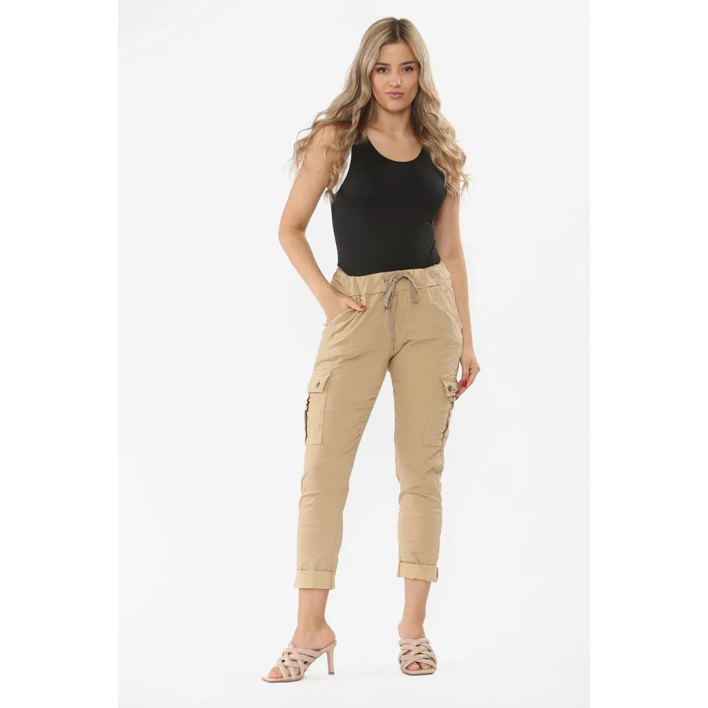 Flap Pocket Detail Magic Cargo Trousers Beige / One Size (Fits Uk 8-14) Leggings