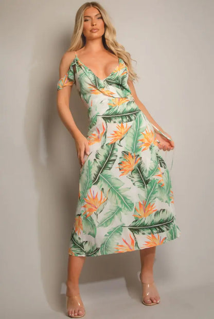 Green Tropical Print Wrap Frill Midi Dress