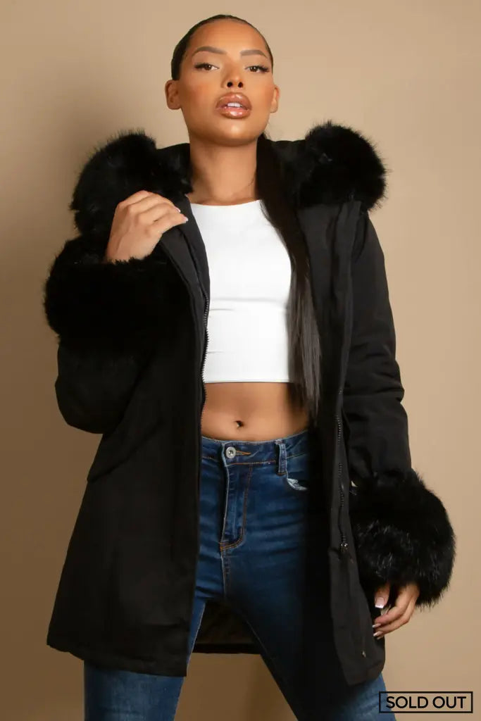 Hooded Parka Coat With Chunky Faux Fur Cuff Black / Small Coats & Jackets
