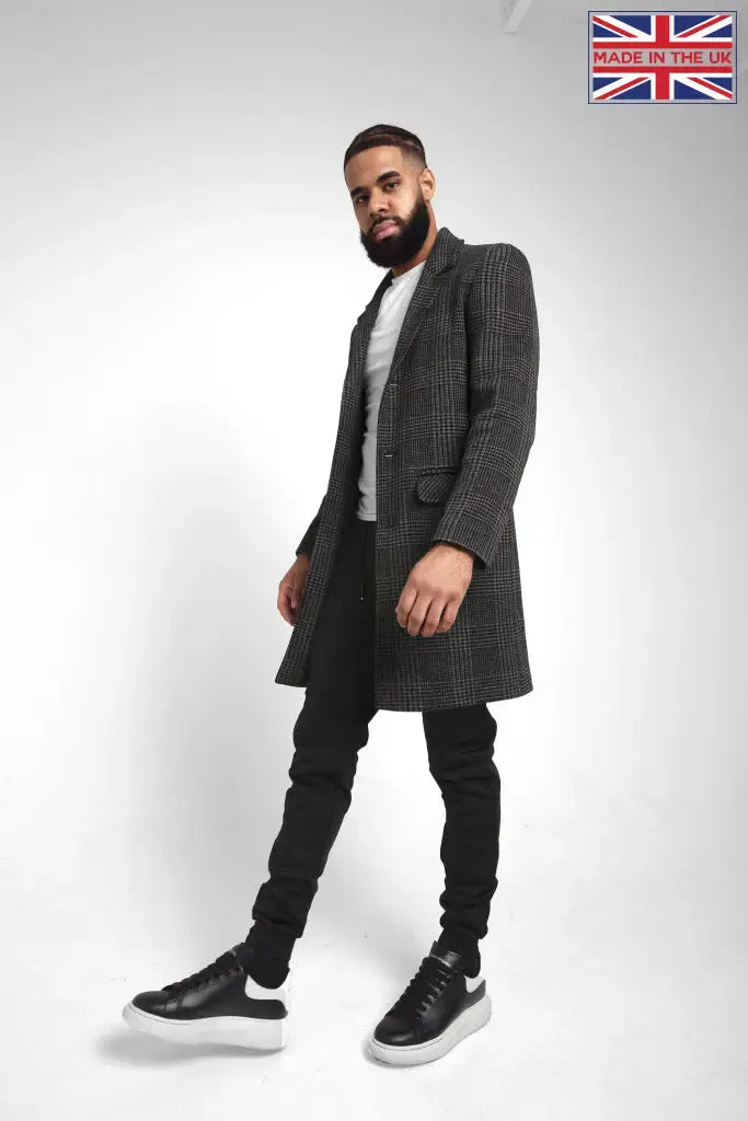 Mens grey check sales overcoat