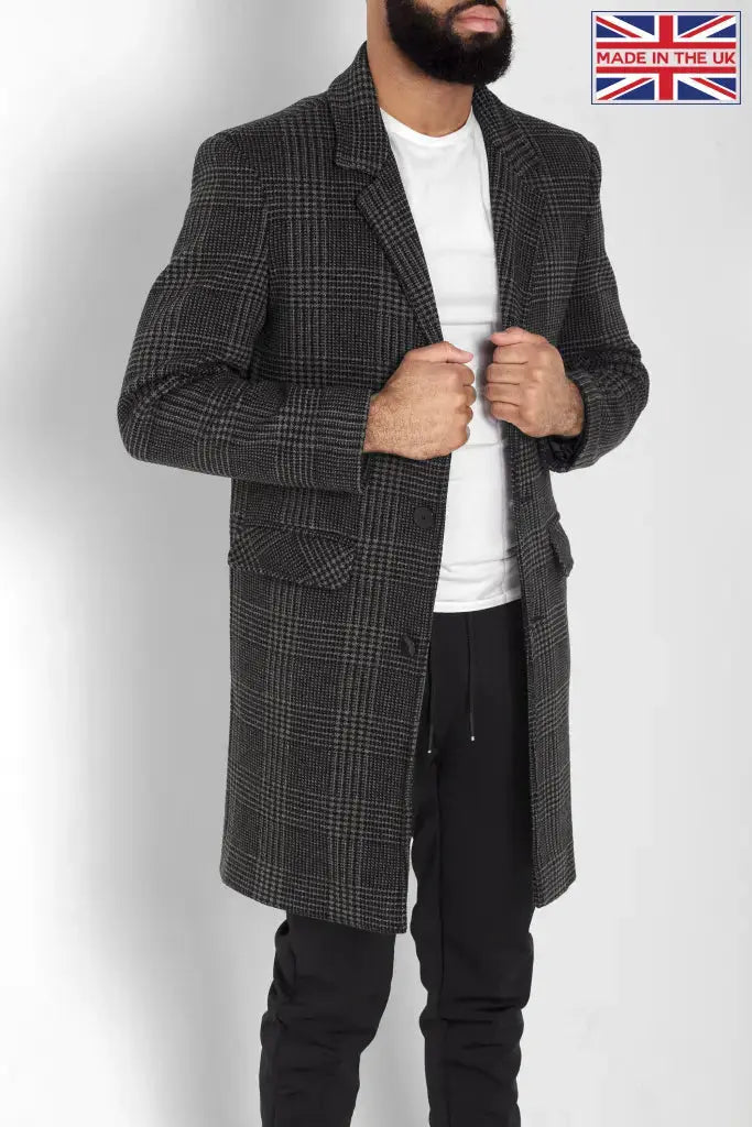 De La Creme Mens Single Breasted Check Design Overcoat