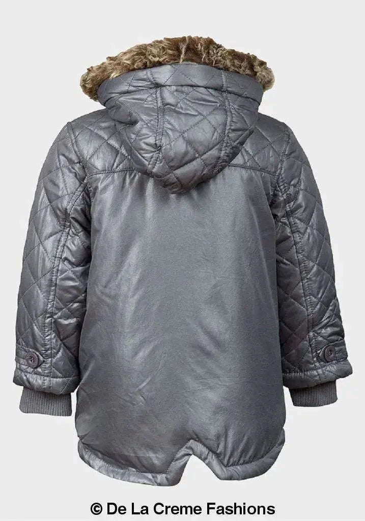 Quilted faux fur hooded 2025 padded puffer coat grey