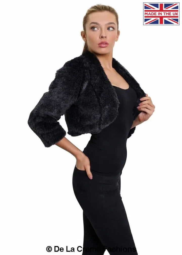 De La Creme - Womens Open Front Faux Fur Bolero Shrug Ladies Cropped Jacket