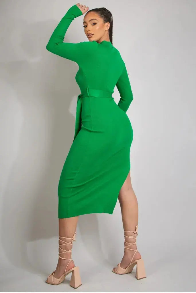 Belted ribbed midi 2024 dress