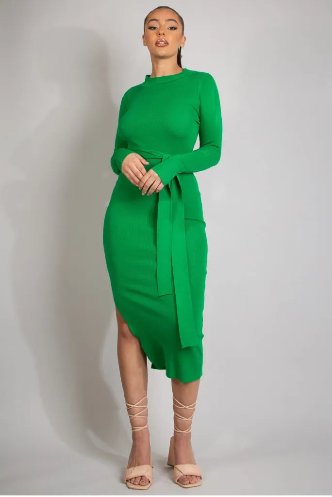 Ribbed Round Neck Belted Midi Dress