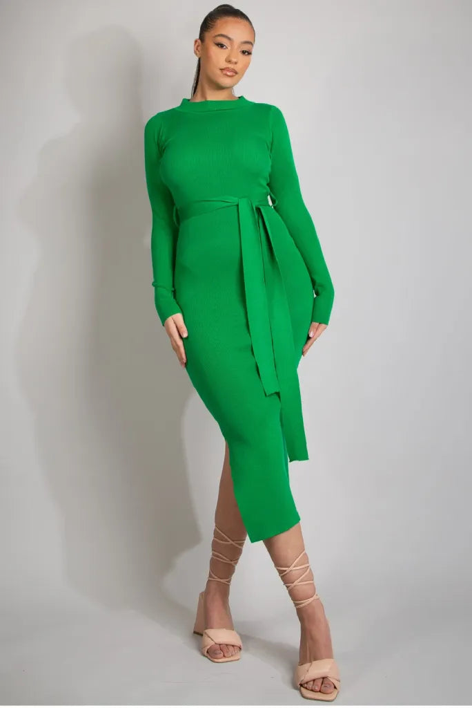 Ribbed Round Neck Belted Midi Dress